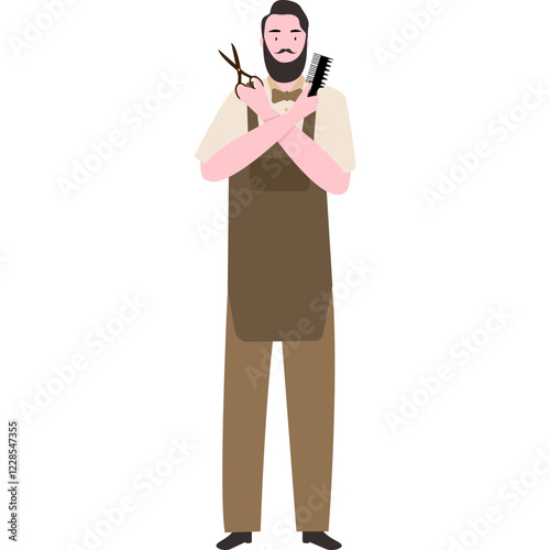 Flat Illustration of a barbermanin Apron and Bow Tie and scissors