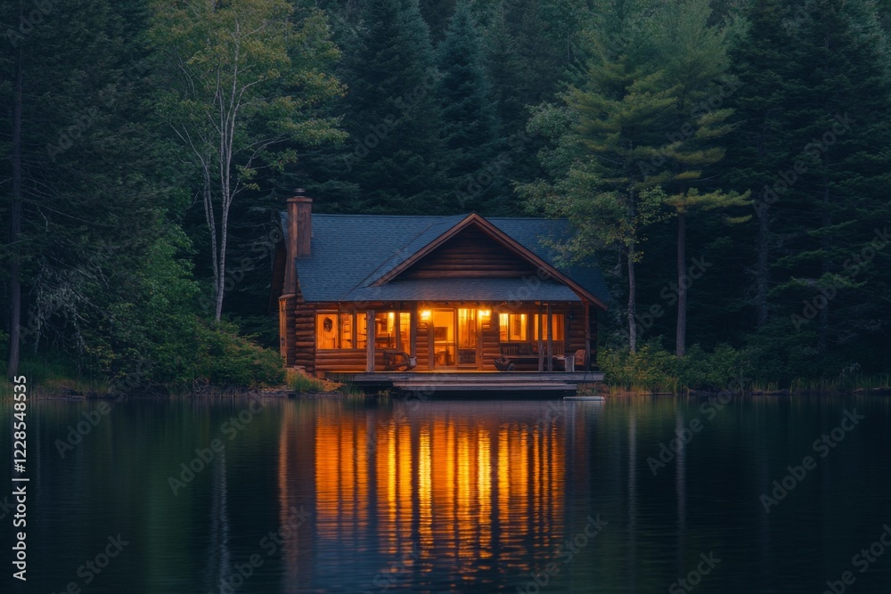 Cozy lakeside cabin illuminated at dusk Cozy lakeside cabin illuminated at dusk