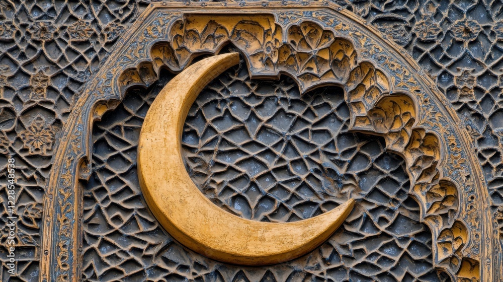 Obraz premium Golden Crescent Moon Decoration on Intricate Stonework Design