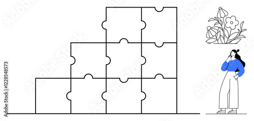 Puzzle pieces stacked in pyramid shape, person in blue pondering, simplistic flowers. Ideal for problem-solving, strategy, growth, mindfulness, creativity contemplation balance. Minimalist abstract