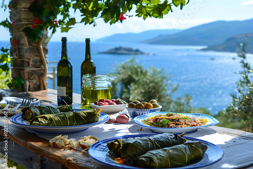 mediterranean cuisine, vine leaves and olives on plates, set on a wooden table, with rhodos sea in the backdrop a picturesque scene