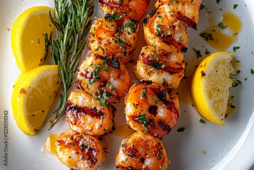 Grilled shrimp skewers served with lemon slices and herbs photo