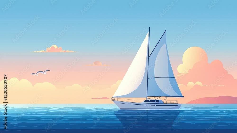 Naklejka premium Tranquil Sailing Scene with Elegant Yacht against a Sunset Horizon