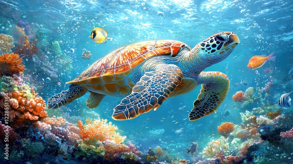 Obraz premium Colorful Sea Turtle Swimming Among Coral Reefs and Tropical Fish