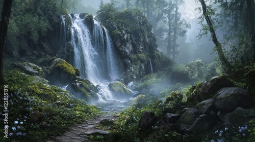 Misty forest waterfall path, tranquil scene, nature background, scenic wallpaper