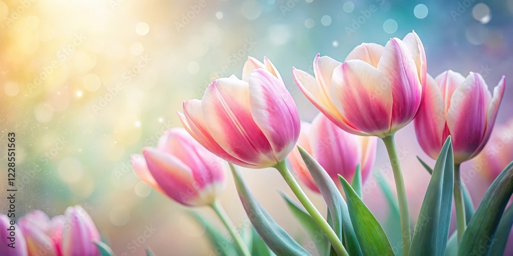 Obraz premium Delicate Tulip Blooms on Soft Pastel Background, spring flowers, soft focus