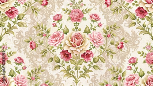 Wallpaper Mural Elegant Damask Rose Pattern on White Background, roses, vintage style,  roses Torontodigital.ca