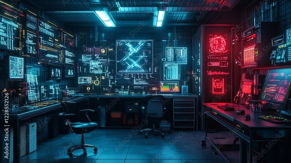 Futuristic Technology Control Room Displaying Complex Data On Multiple Screens in Neon Light Futuristic Technology Control Room Displaying Complex Data On Multiple Screens in Neon Light