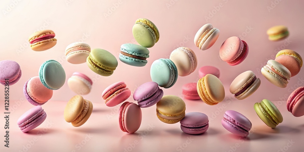 A delightful collection of pastel-colored macarons floating in mid-air against a soft pink background, showcasing their delicate textures and vibrant hues in a whimsical arrangement. A delightful collection of pastel-colored macarons floating in mid-air against a soft pink background, showcasing their delicate textures and vibrant hues in a whimsical arrangement.