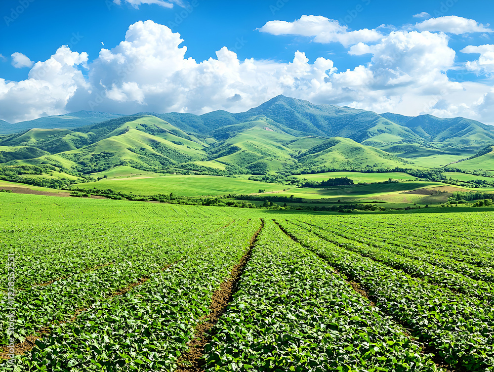 Lush green fields, mountains, sunny day, agriculture Lush green fields, mountains, sunny day, agriculture