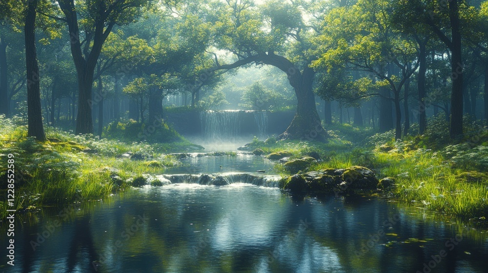 Fototapeta premium Lush Forest Landscape with Misty Stream Reflecting Sunlight Through Green Canopy in Serene Nature Setting