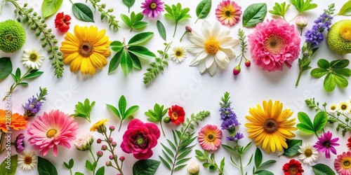 Vibrant colorful flowers and greenery arranged in a repeating pattern of leaves and stems on a white background, backgrounds, botanicals