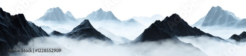 Misty mountain range panorama, serene landscape, background for design