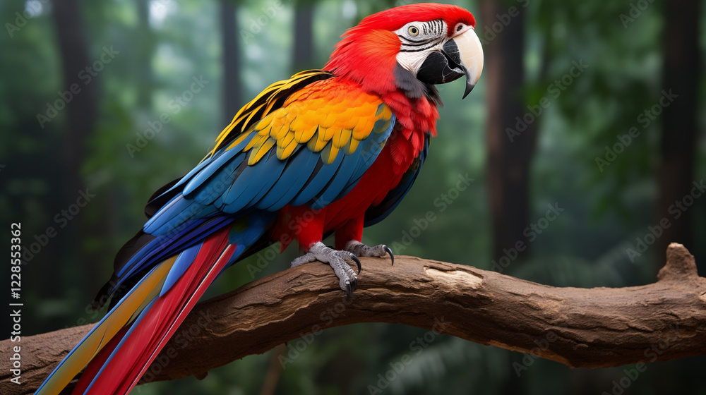 Obraz premium Scarlet Macaw Profile, Profile view of a Scarlet Macaw displaying its vibrant colors.