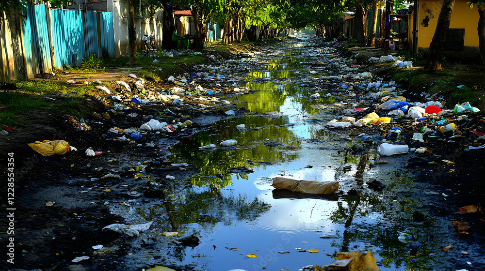 Polluted canal, urban slum, trash, reflection, poverty Polluted canal, urban slum, trash, reflection, poverty