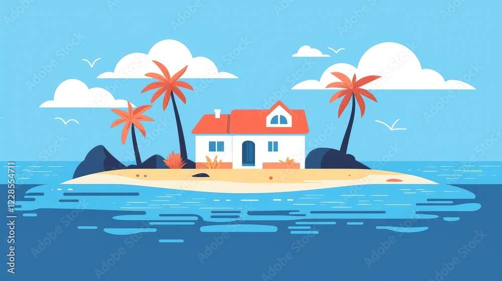 Fototapeta premium Tropical Island House with Palm Trees and Clear Blue Water