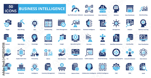 Business intelligence fill icon collection set. includes intelligence, analysis, management, reporting, measure, strategy
