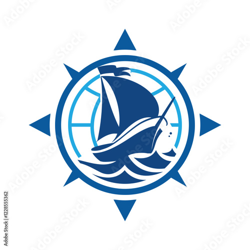 The image shows a flat emblem logo design of a sailing ship inside a round shaped compass with a globe that looks bold and sharp on a white background