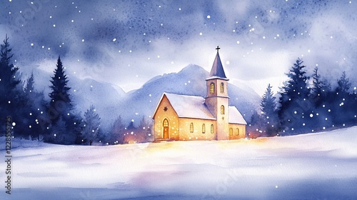 Winter's embrace: a serene snow scene with a church amidst a snowy landscape and mountains