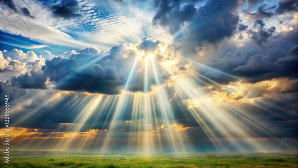 Light Beams Through Cloudy Skies Over Abstract Background Light Beams Through Cloudy Skies Over Abstract Background