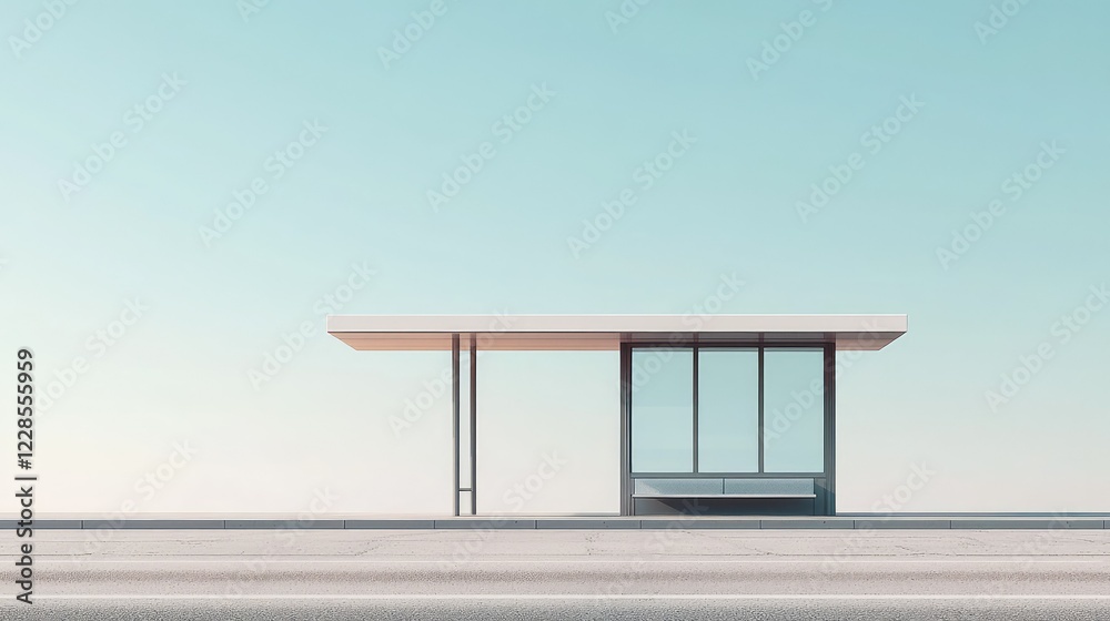 Modern Minimalist Bus Stop Design Against Blue Sky Background Modern Minimalist Bus Stop Design Against Blue Sky Background