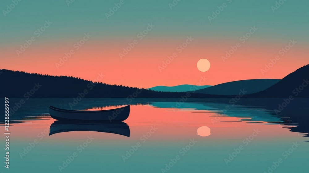 Obraz premium Serene Sunset Reflection on Calm Water with Single Boat Silhouette