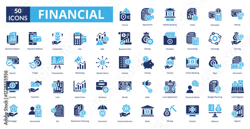 Financial fill icon collection set. Includes Financial, Money, Economy, Banking, Investment, Wealth, Profit, Capital, Budget, Accounting, Savings, Expense, Revenue, Market