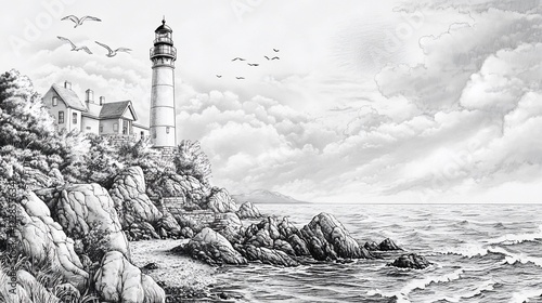 Detailed Pen and Ink Drawing of a Lighthouse on a Rocky Coast with Birds and Clouds