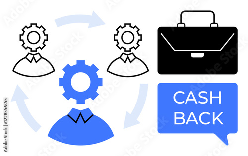 Gear-headed figures connected by arrows, briefcase, and Cash Back text in speech bubble. Ideal for business, workflow, teamwork, productivity, benefits incentives collaboration. Minimalist design