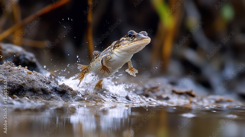 A frog mid-leap above water, showcasing its unique posture and splash detail, natural habitat A frog mid-leap above water, showcasing its unique posture and splash detail, natural habitat