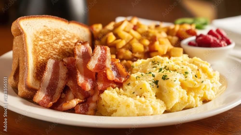A hearty breakfast platter featuring scrambled eggs, crispy bacon, hash browns A hearty breakfast platter featuring scrambled eggs, crispy bacon, hash browns