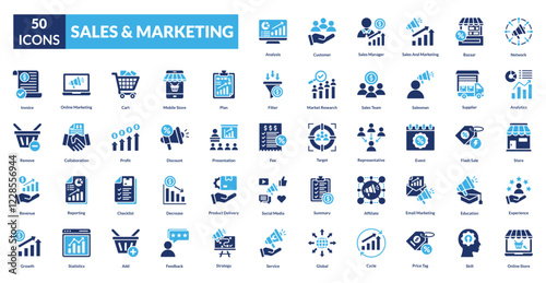 
Sales And Marketing fill icon collection set. includes business, marketing, strategy, management, customer, analysis, sales, growth, concept, technology