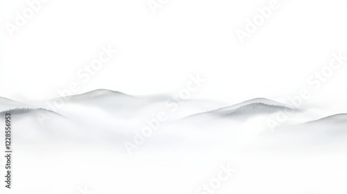 Serene misty landscape with rolling hills and soft fog enveloping the distant trees