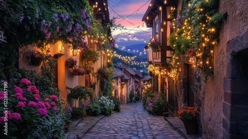 A charming cobblestone street adorned with flowers and lights at sunset.