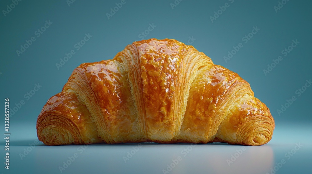 Golden croissant on blue backdrop, subtle reflection Golden croissant on blue backdrop, subtle reflection