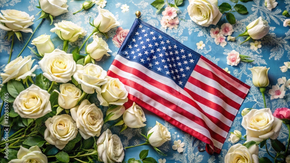 Obraz premium Aerial View of a Folded American Flag on a Blue and White Flag with White Roses â€“ Symbol of Patriotism and Elegance