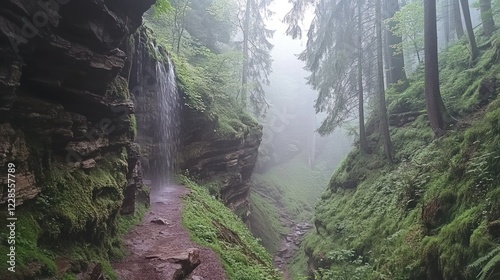 Misty forest waterfall trail