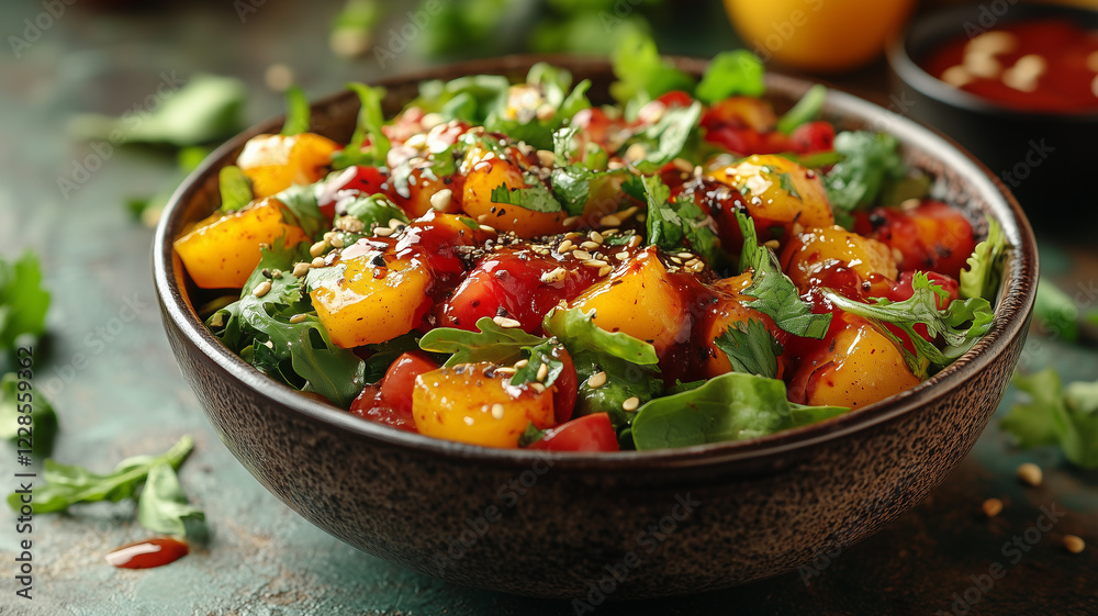 Fresh salad with mango, tomatoes, and greens drizzled with sauce Fresh salad with mango, tomatoes, and greens drizzled with sauce