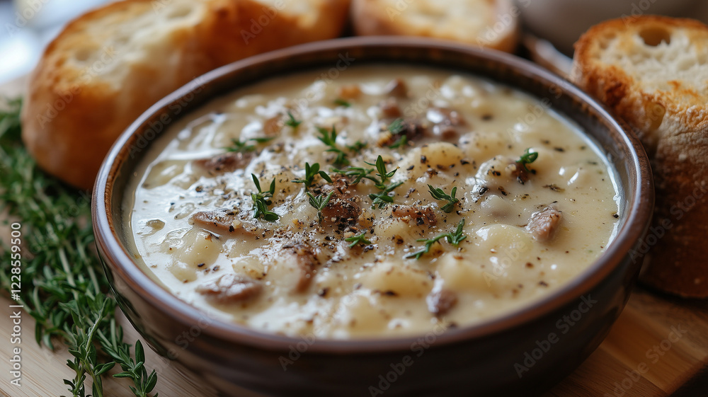 Creamy soup with meat and herbs served in bowl, accompanied by bread Creamy soup with meat and herbs served in bowl, accompanied by bread