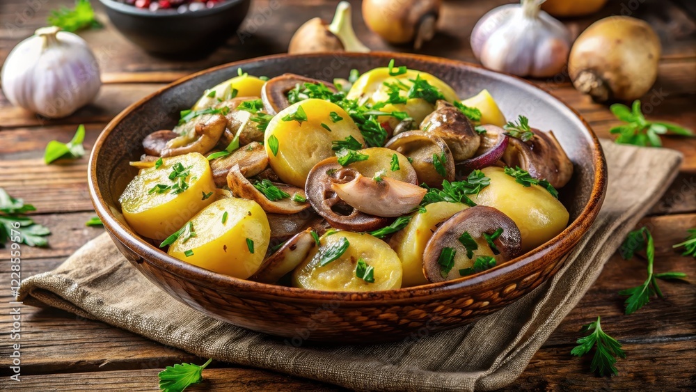 Boiled potato with saut?ed mushrooms and onions in a flavorful sauce, mushroom, potato, mushroom,potato, vegetable, cooking Boiled potato with saut?ed mushrooms and onions in a flavorful sauce, mushroom, potato, mushroom,potato, vegetable, cooking