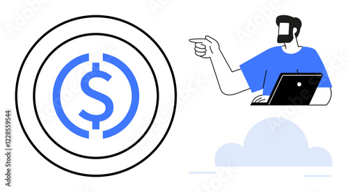 Man pointing at dollar coin icon while using laptop, cloud below. Ideal for fintech, online banking, investments, savings, financial management, digital transactions e-commerce. Abstract line flat