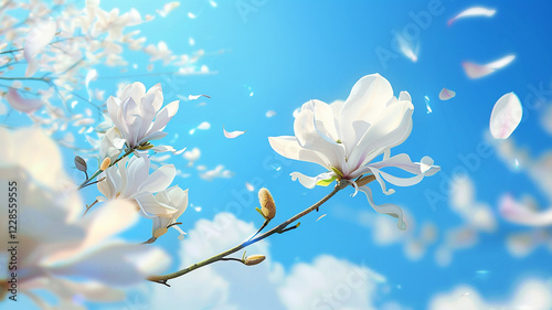 A delicate white magnolia tree blooming against a bright blue sky, with a few petals drifting in the wind