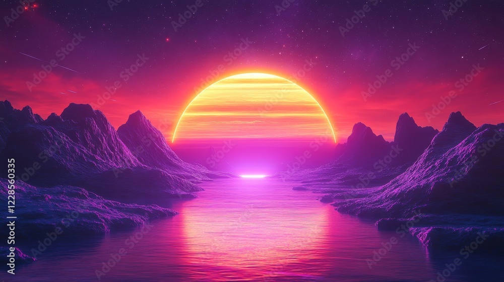 Fototapeta premium Retro Futuristic Sunset Over Purple Mountains and Calm Water