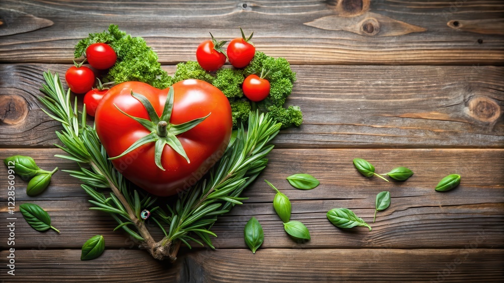 A heart-shaped tomato surrounded by fresh herbs and cherry tomatoes on a rustic wooden surface, representing wholesome goodness and healthy eating. A heart-shaped tomato surrounded by fresh herbs and cherry tomatoes on a rustic wooden surface, representing wholesome goodness and healthy eating.