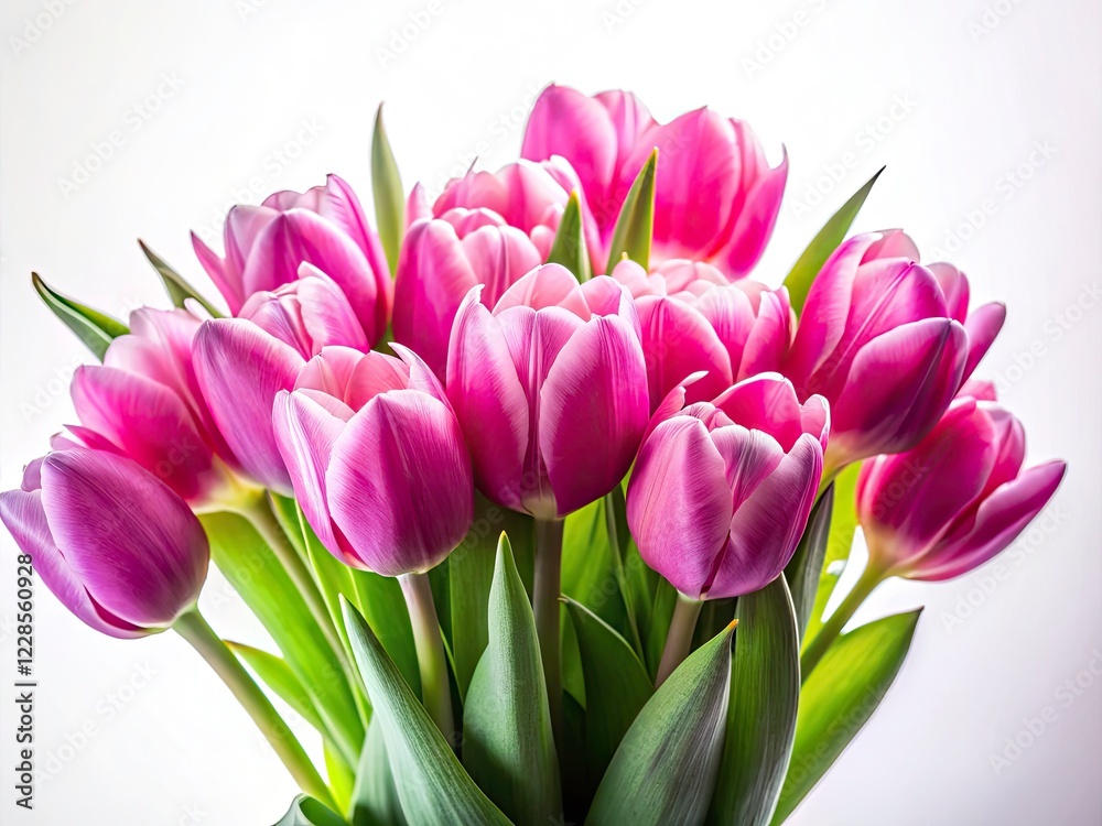 Fototapeta premium Pink Tulip Bouquet Silhouette, Close-up Floral Silhouette Photography, White Background, Space for Text