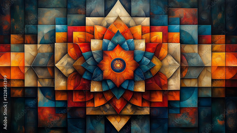 Fototapeta premium Vibrant geometric pattern with intricate shapes and warm colors, creating mesmerizing visual effect