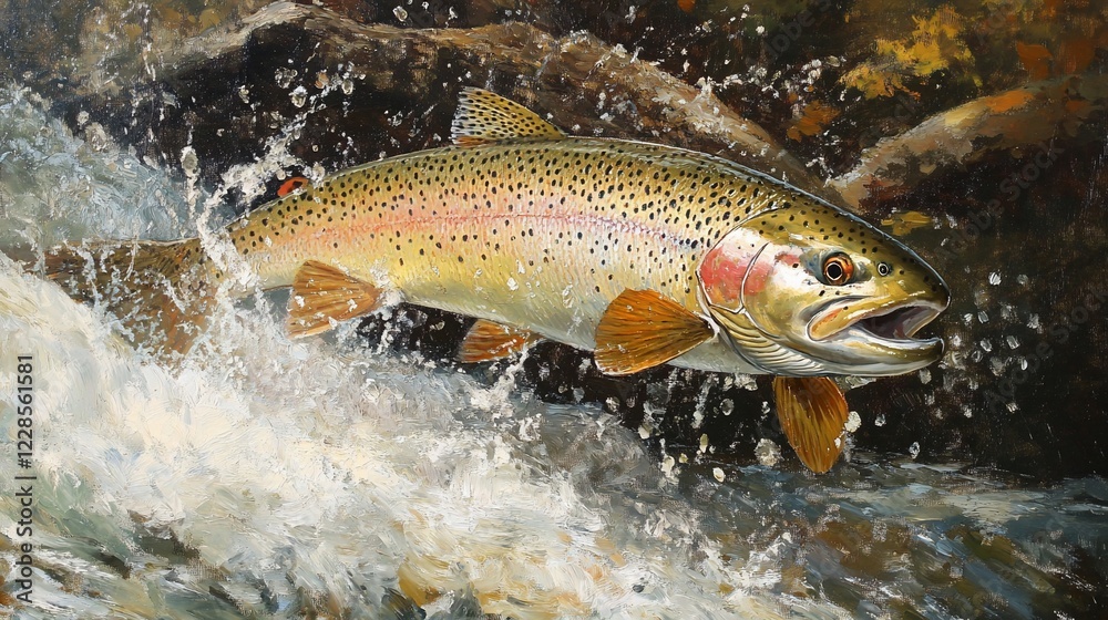 Painting of a Trout Leaping From Whitewater in a Detailed and Realistic Style Painting of a Trout Leaping From Whitewater in a Detailed and Realistic Style