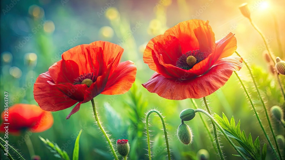 Naklejka premium Red Poppy Flowers, Tranquil Nature Scene, Vibrant Floral Photography, Summer Blooms