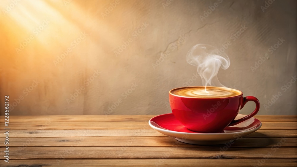 Aromatic Steam Rising From a Red Mug of Latte on Wooden Tabletop Against a Textured Background Aromatic Steam Rising From a Red Mug of Latte on Wooden Tabletop Against a Textured Background
