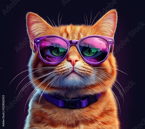 Hyper-realistic portrait of ginger cat wearing stylish purple sunglasses with green eyes on gradient background